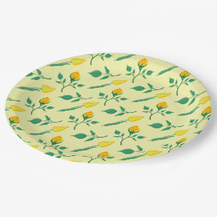 Prato De Papel Padrão floral com rosa amarela e flores tulipas
