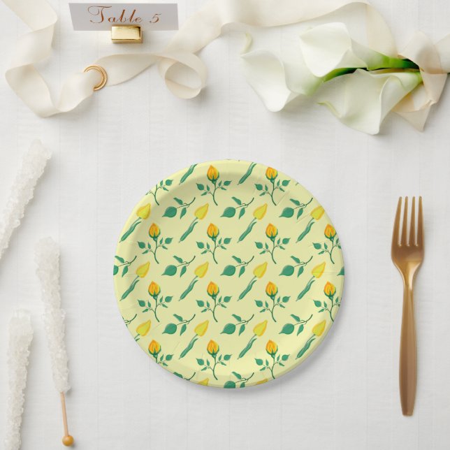 Prato De Papel Padrão floral com rosa amarela e flores tulipas (Casamento)
