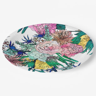 Prato De Papel Padrão Floral de Aquarela Na moda Colorida