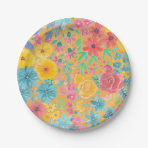 Prato De Papel Padrão floral de aquarelas em amarelo