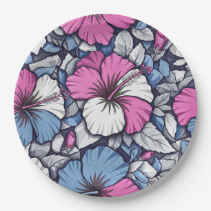 Prato De Papel Padrão Floral de Hibisco Azul Elegante (1)