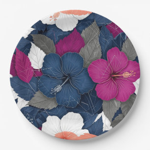 Prato De Papel Padrão Floral de Hibisco Azul Elegante (3)