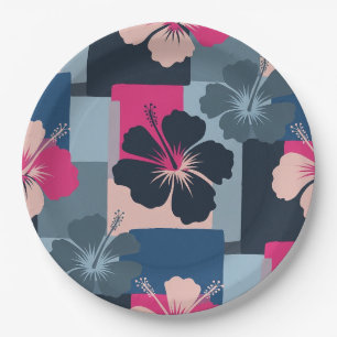 Prato De Papel Padrão Floral de Hibisco Azul Elegante (8)