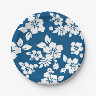 Prato De Papel Padrão floral de Hibiscus Branco e Azul Teal