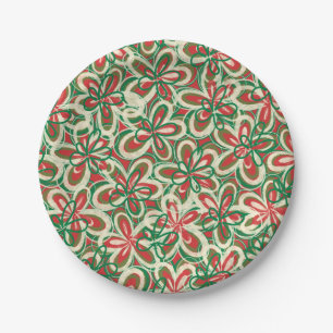 Prato De Papel Padrão Floral de Natal Pintado Vermelho Verde