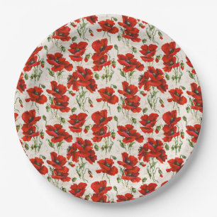 Prato De Papel Padrão Floral de Papoula Vermelha Vintage Arte Bot