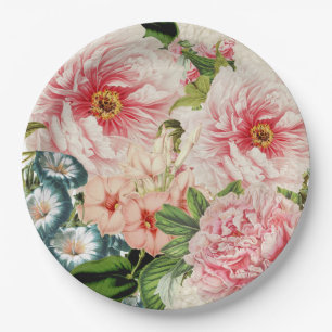 Prato De Papel Padrão Floral de Primavera de Flor de Peony Retro