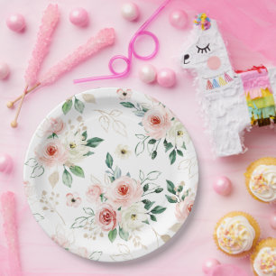 Prato De Papel Padrão Floral Delicado em Aquarela Rosa e Branco