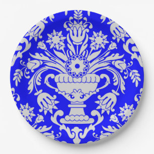 Prato De Papel Padrão Floral do Damasco Azul e Branco Elegante