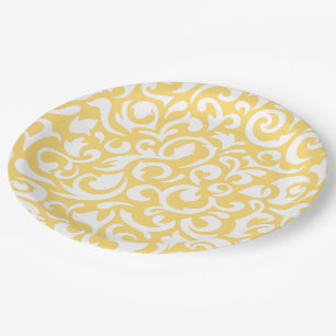 Prato De Papel Padrão Floral do Damasco Branco Amarelo Branco-Co