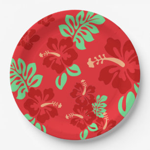 Prato De Papel Padrão Floral do Hibiscus Tropical Vermelho e Verd