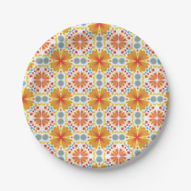 Prato De Papel padrão floral e geométrico em tons de laranja (Frente)