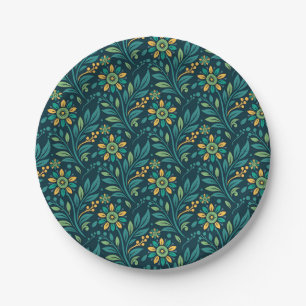 Prato De Papel Padrão Floral Elegante em Amarelo e Turquesa