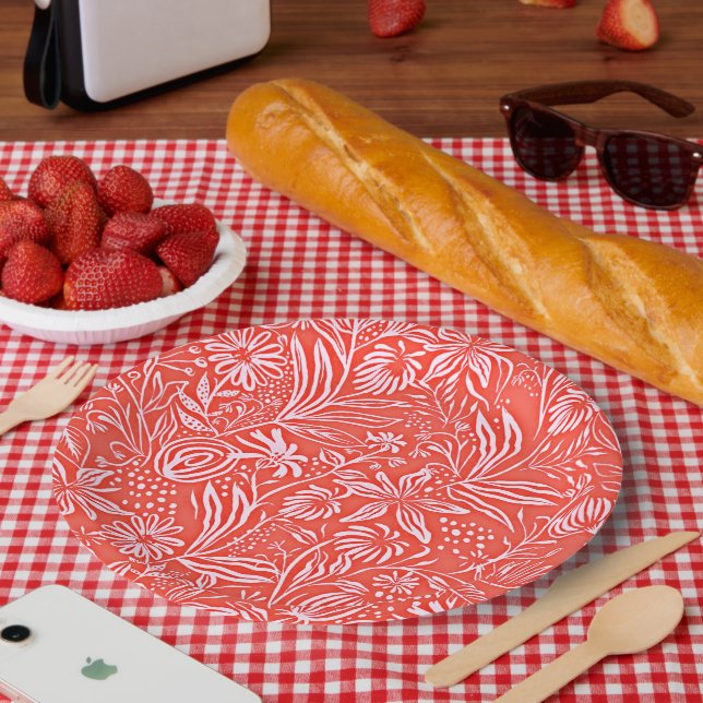 Prato De Papel Padrão Floral Favorito em Vermelho (Piquenique)