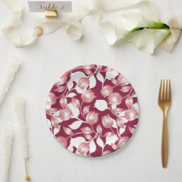 Prato De Papel Padrão Floral II da Silhueta Vermelha Elegante