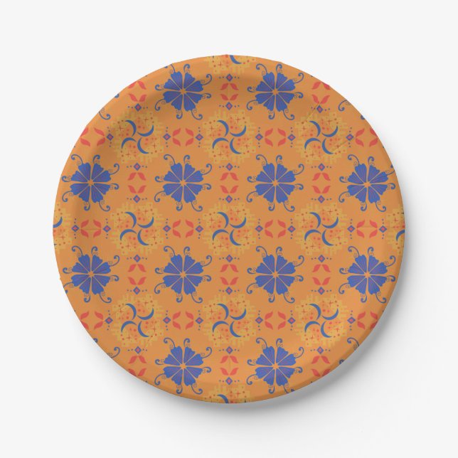 Prato De Papel padrão floral intrincado azul e laranja (Frente)