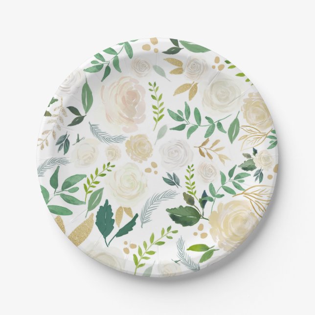 Prato De Papel Padrão Floral Marfim Suave com Verde Branco (Frente)