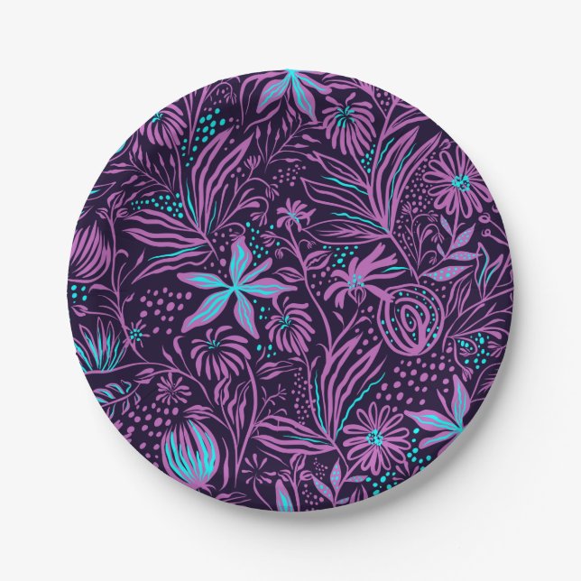 Prato De Papel Padrão Floral Neon Moderno Roxo (Frente)