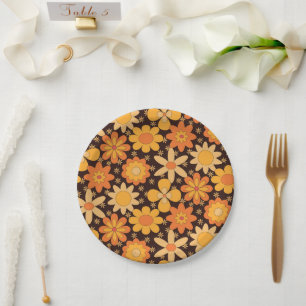 Prato De Papel Padrão floral retrô groovy amarelo e laranja