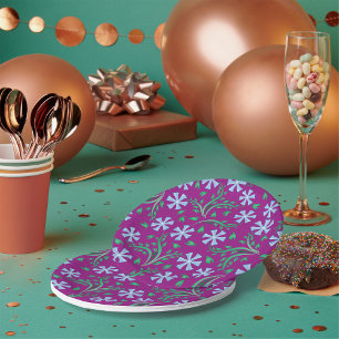 Prato De Papel Padrão Floral Roxo com Flores Azuis
