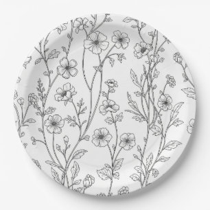 Prato De Papel Padrão Floral Sem Costura de Arte de Linha Minimal