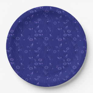 Prato De Papel Padrão floral simples retrô azul