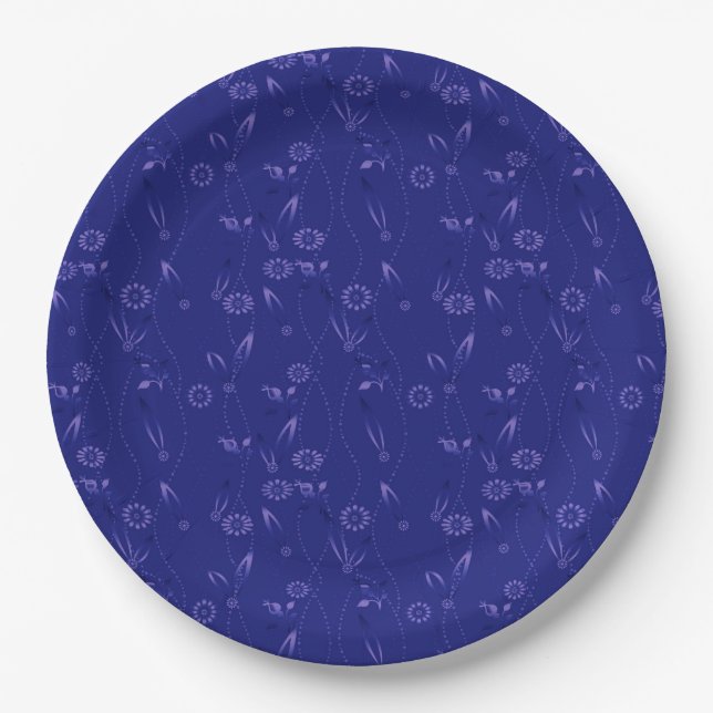 Prato De Papel Padrão floral simples retrô azul (Frente)