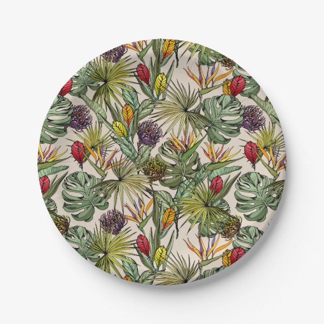 Prato De Papel Padrão Floral Tropical (Frente)