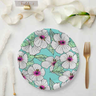 Prato De Papel Padrão Floral Tropical de Hibiscus Rosa e Branco