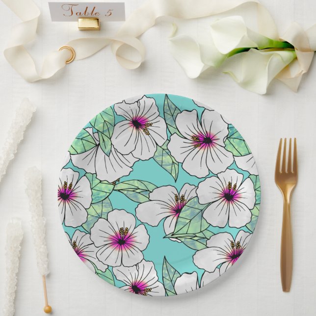 Prato De Papel Padrão Floral Tropical de Hibiscus Rosa e Branco (Casamento)