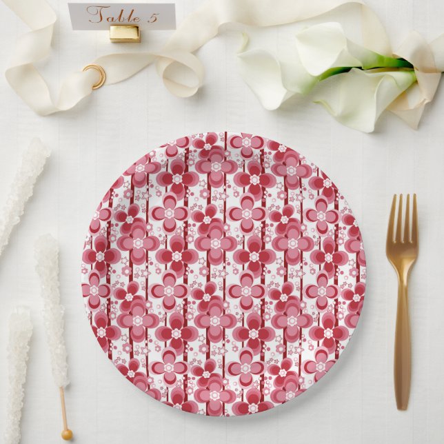 Prato De Papel Padrão floral vermelho e branco (Casamento)