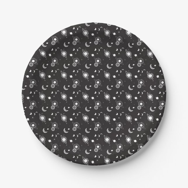 Prato De Papel Padrão galáctico de sol lua celestial preto branco (Frente)
