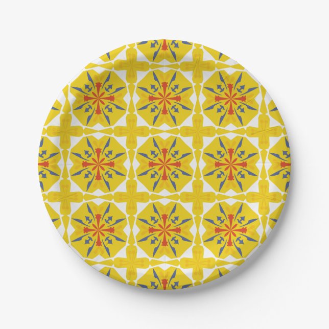 Prato De Papel padrão geométrico amarelo e branco (Frente)