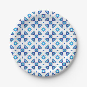 Prato De Papel Padrão geométrico azul e branco