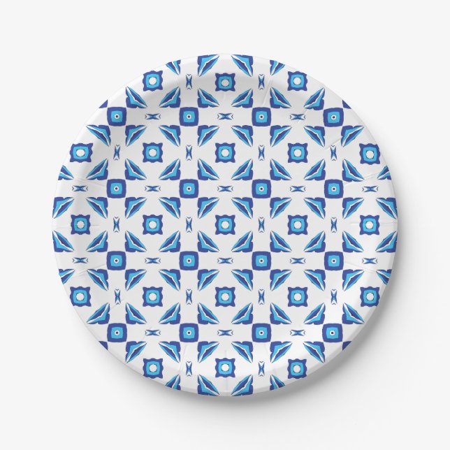 Prato De Papel Padrão geométrico azul e branco (Frente)