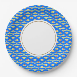 Prato De Papel Padrão Geométrico Circular Azul-Brilhante Branco