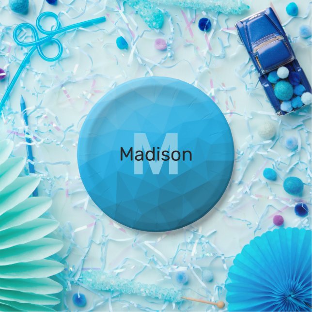 Prato De Papel Padrão geométrico do gradiente ciano azul Monogram (Festa)