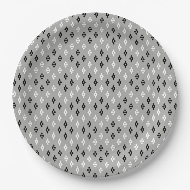 Prato De Papel padrão geométrico fino preto e branco cinza (Frente)