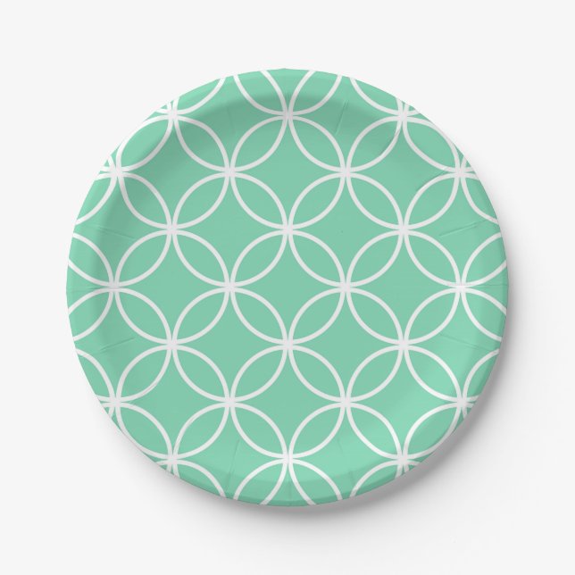Prato De Papel Padrão Geométrico Verde Menta e Branco Círculos (Frente)