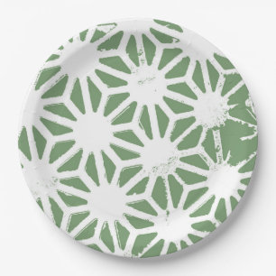 Prato De Papel Padrão geométrico verde-oliva e branco