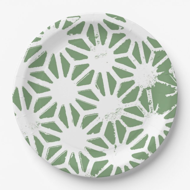 Prato De Papel Padrão geométrico verde-oliva e branco (Frente)