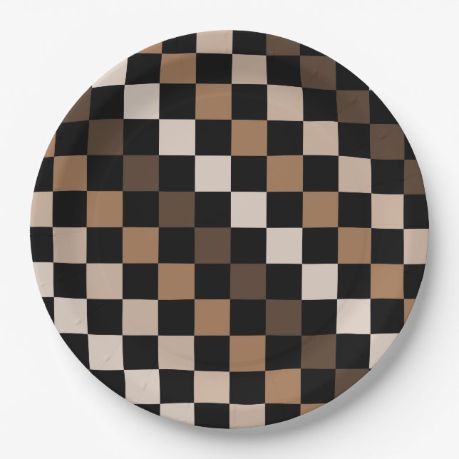 Prato De Papel Padrão Gingham Preto-Castanho Verificado (Frente)