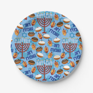 Prato De Papel Padrão Hanukiahs, Menorahs e Velas