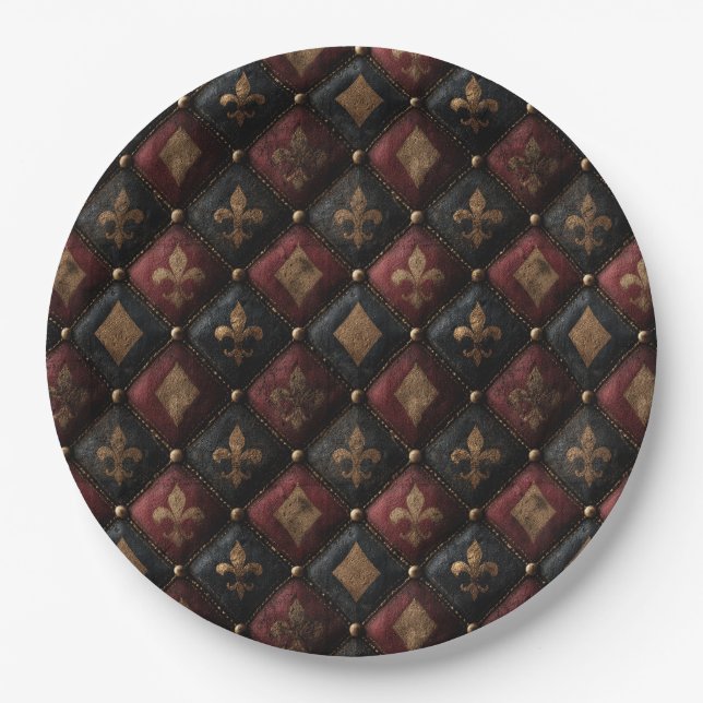 Prato De Papel Padrão Harlequim de Flor-de-Lis Medieval Tuftada ( (Frente)