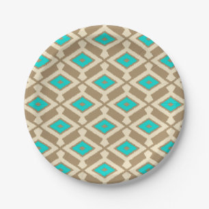 Prato De Papel Padrão Ikat - Turquesa, Taupe e Bege
