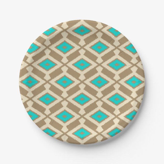 Prato De Papel Padrão Ikat - Turquesa, Taupe e Bege (Frente)