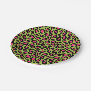 Prato De Papel Padrão-leopardo em framboesa no Verde limão
