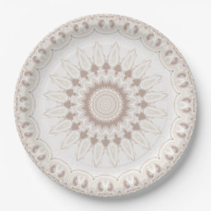 Prato De Papel Padrão Mandala Bege e Creme