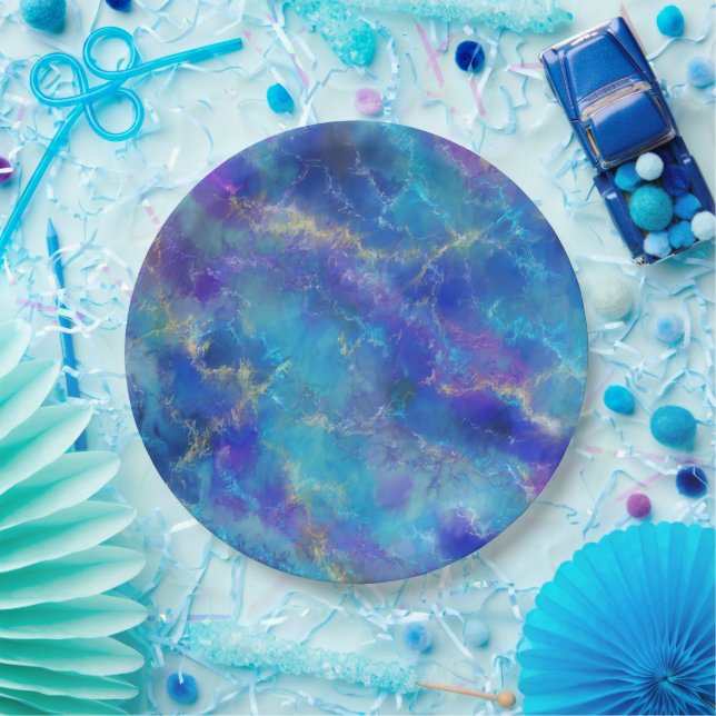 Prato De Papel Padrão Marble Azul, Roxo e Dourado Elegante (Festa)