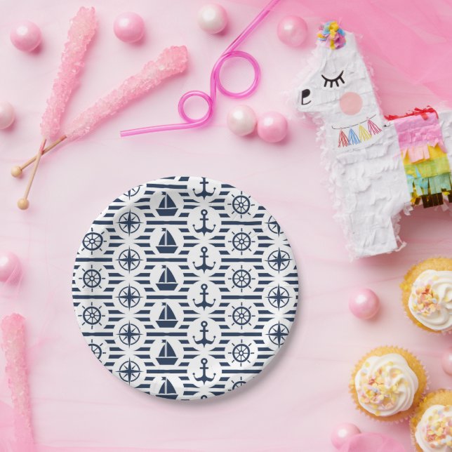 Prato De Papel Padrão Marítimo em Azul (Festa)